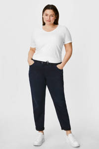 Donkerblauwe dames C&A XL regular waist slim fit broek look van stretchkatoen met elastische tailleband met koord