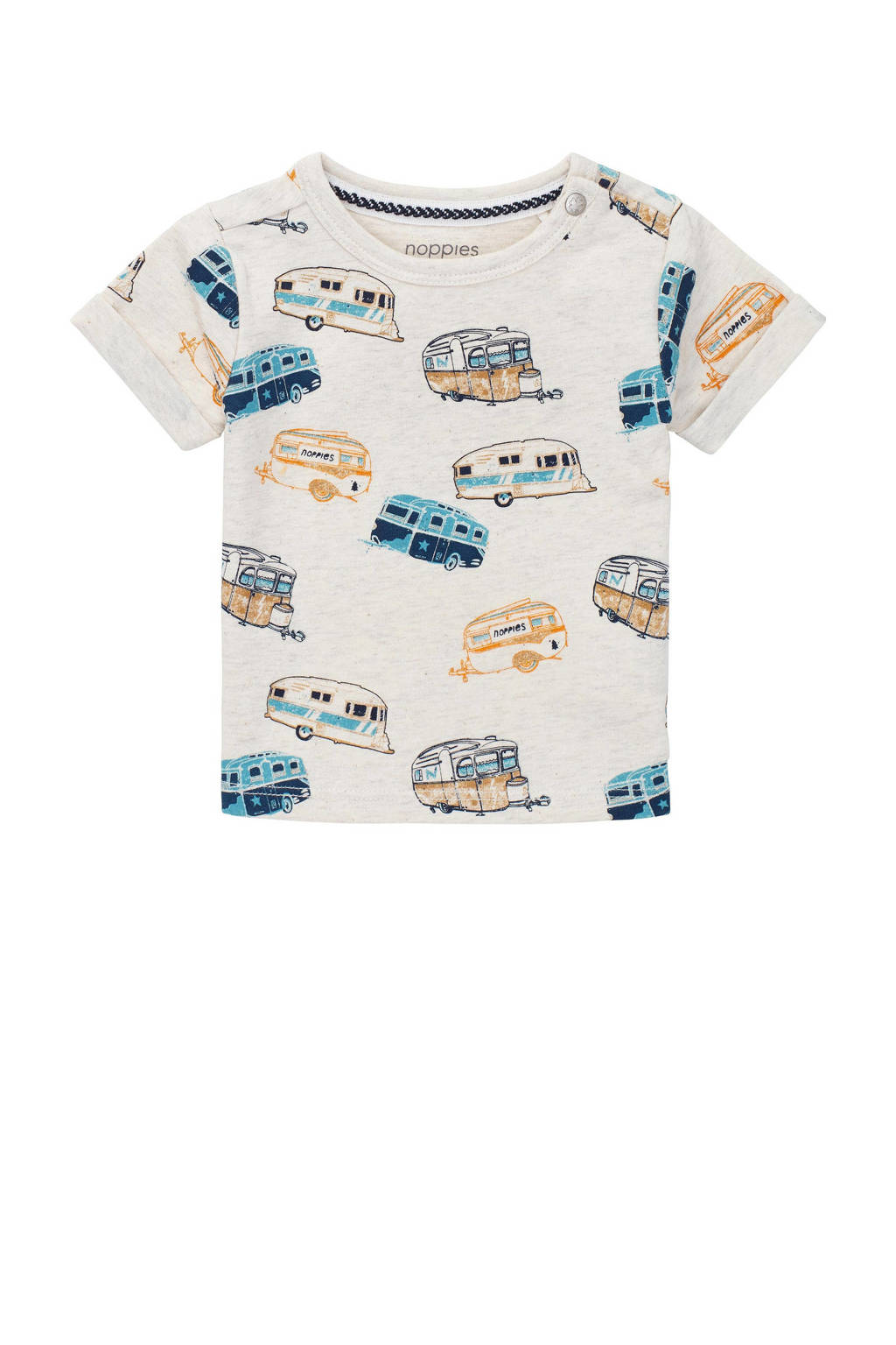 Ecru jongens Noppies baby T-shirt Huaraz van katoen met all over print, korte mouwen, ronde hals en drukknoopsluiting