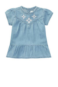 Lichtblauwe meisjes Noppies baby spijkerjurk van denim met vintage look, korte mouwen, ronde hals en drukknoopsluiting