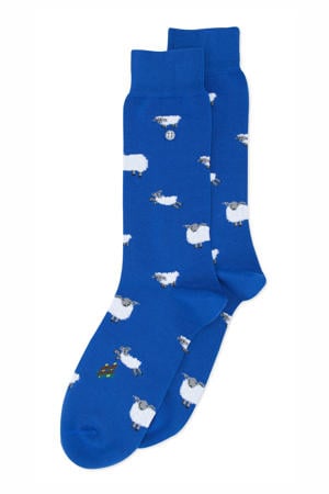 sokken met all-over schapenprint kobaltblauw
