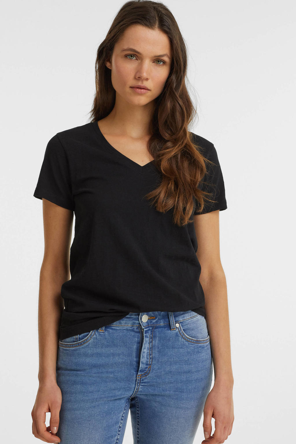 Zwarte dames Anytime T-shirt van katoen met effen, korte mouwen en V-hals