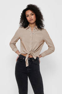 Bruine dames ONLY gestreepte blouse met lange mouwen, klassieke kraag, drukknoopsluiting en knoopdetail