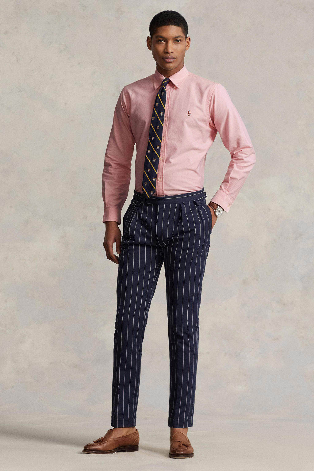 Lichtroze heren POLO Ralph Lauren custom fit overhemd van katoen met lange mouwen, button down sluiting en knoopsluiting