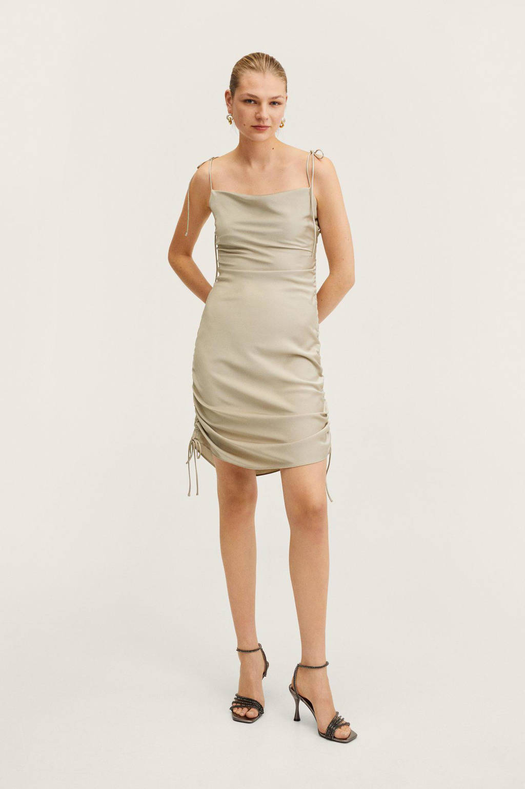 Beige dames Mango jurk van polyester met spaghettibandjes, vierkante hals, striksluiting en plooien