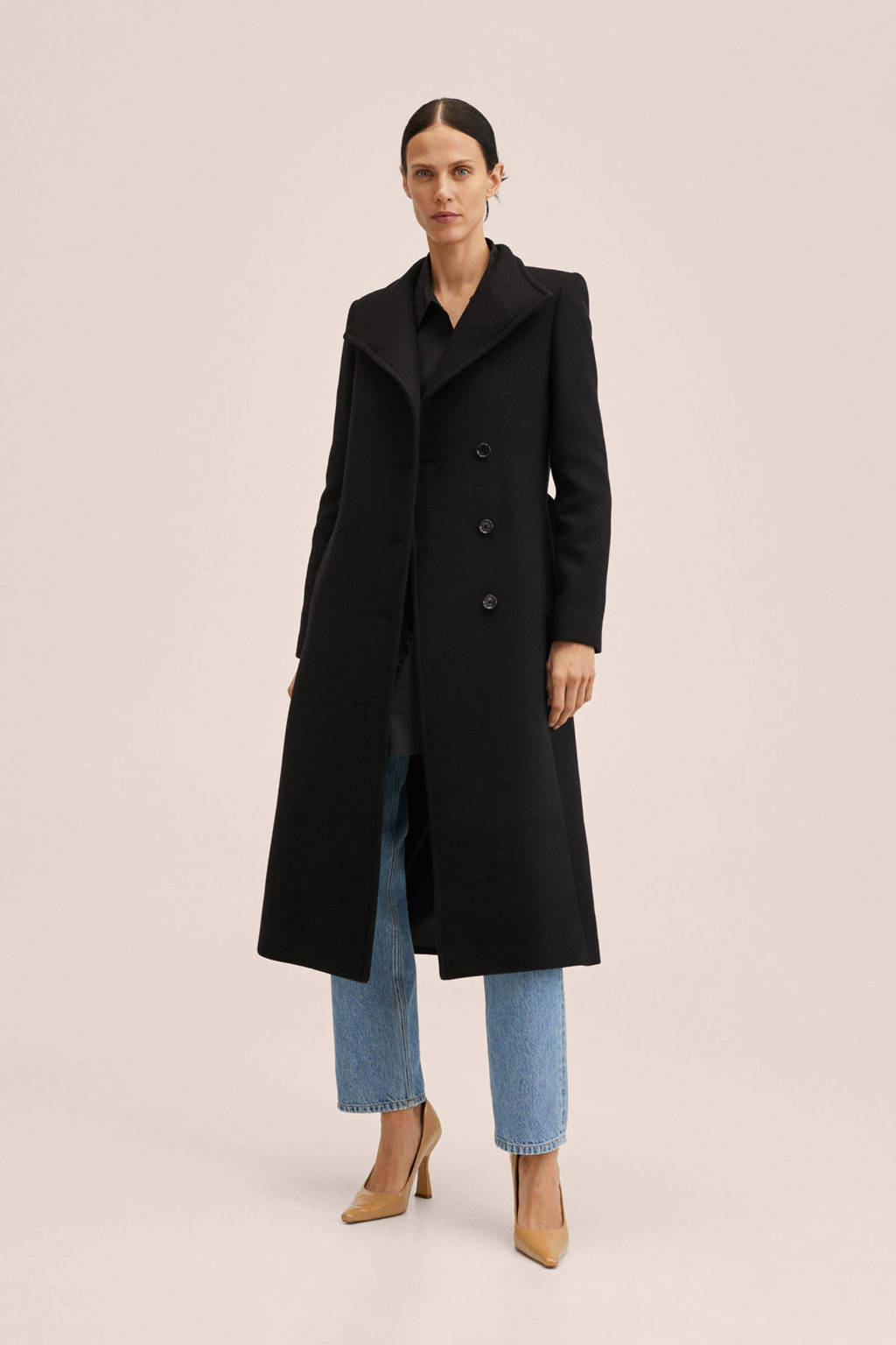 Zwarte dames Mango coat van wol met lange mouwen, reverskraag, knoopsluiting en ceintuur