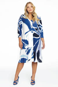 Yoek uitlopende jurk VIVIAN van travelstof met all over print blauw/wit