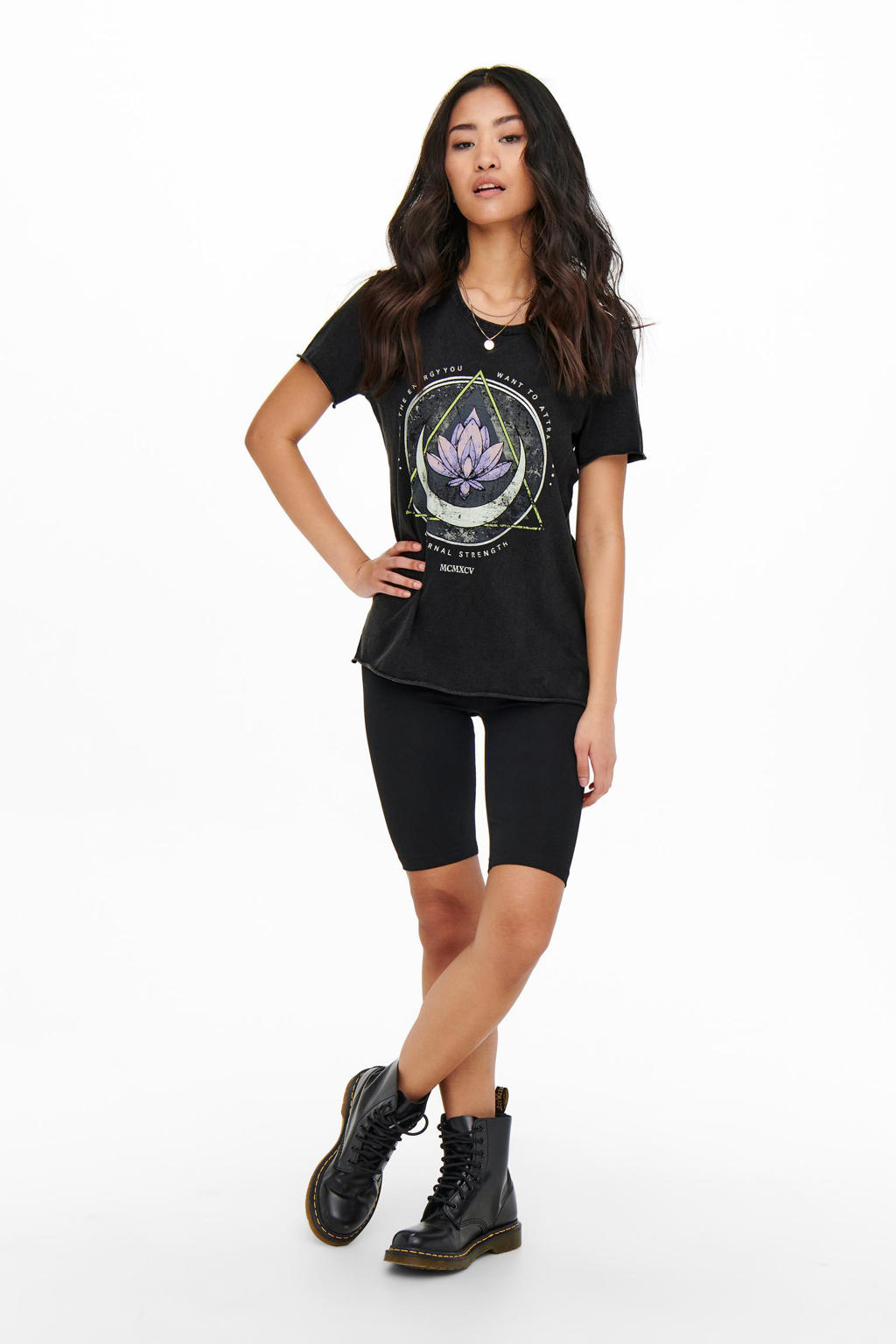 Zwarte dames ONLY T-shirt van katoen met effen, korte mouwen en ronde hals