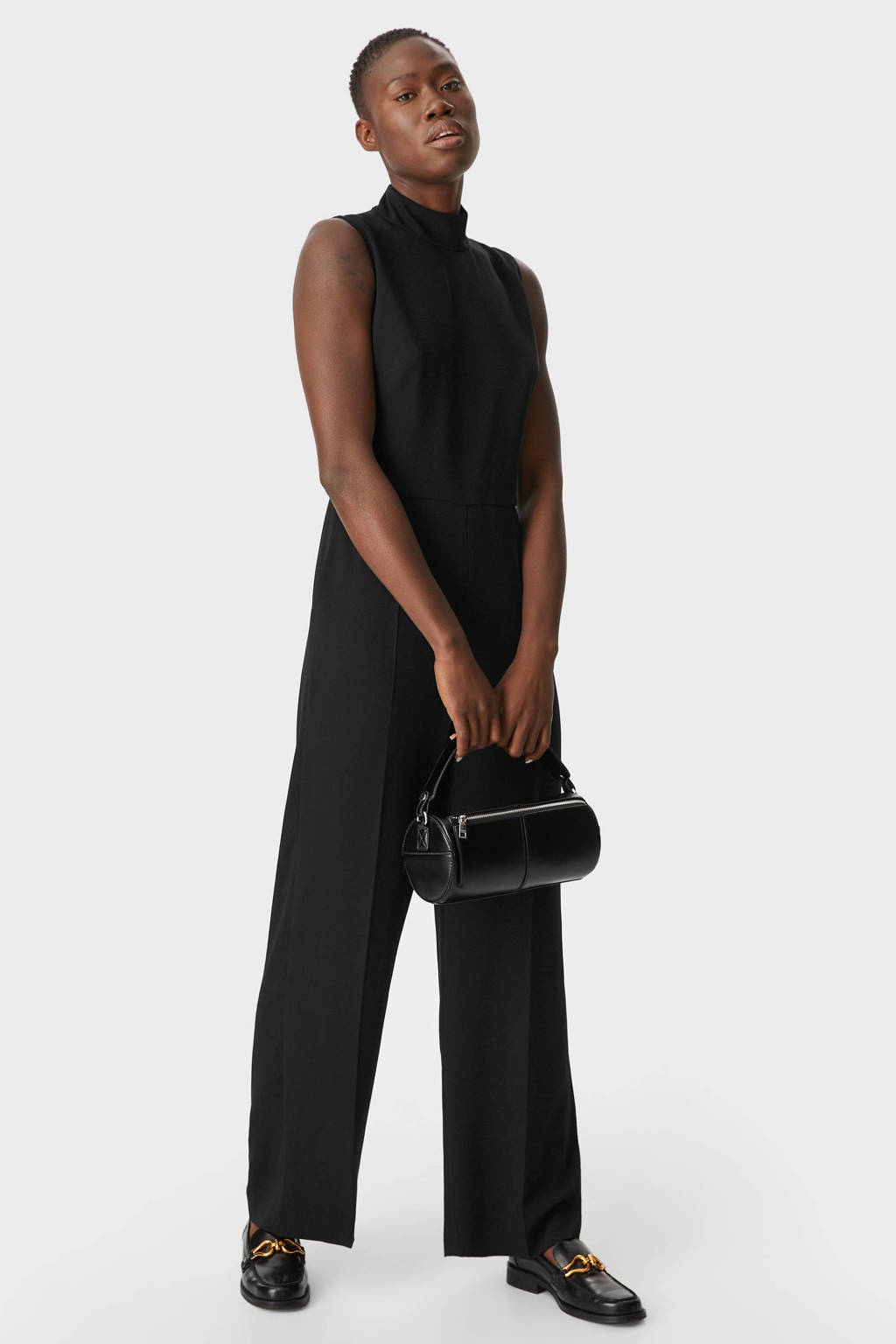 Zwarte dames C&A jumpsuit van polyester met opstaande kraag en blinde ritssluiting