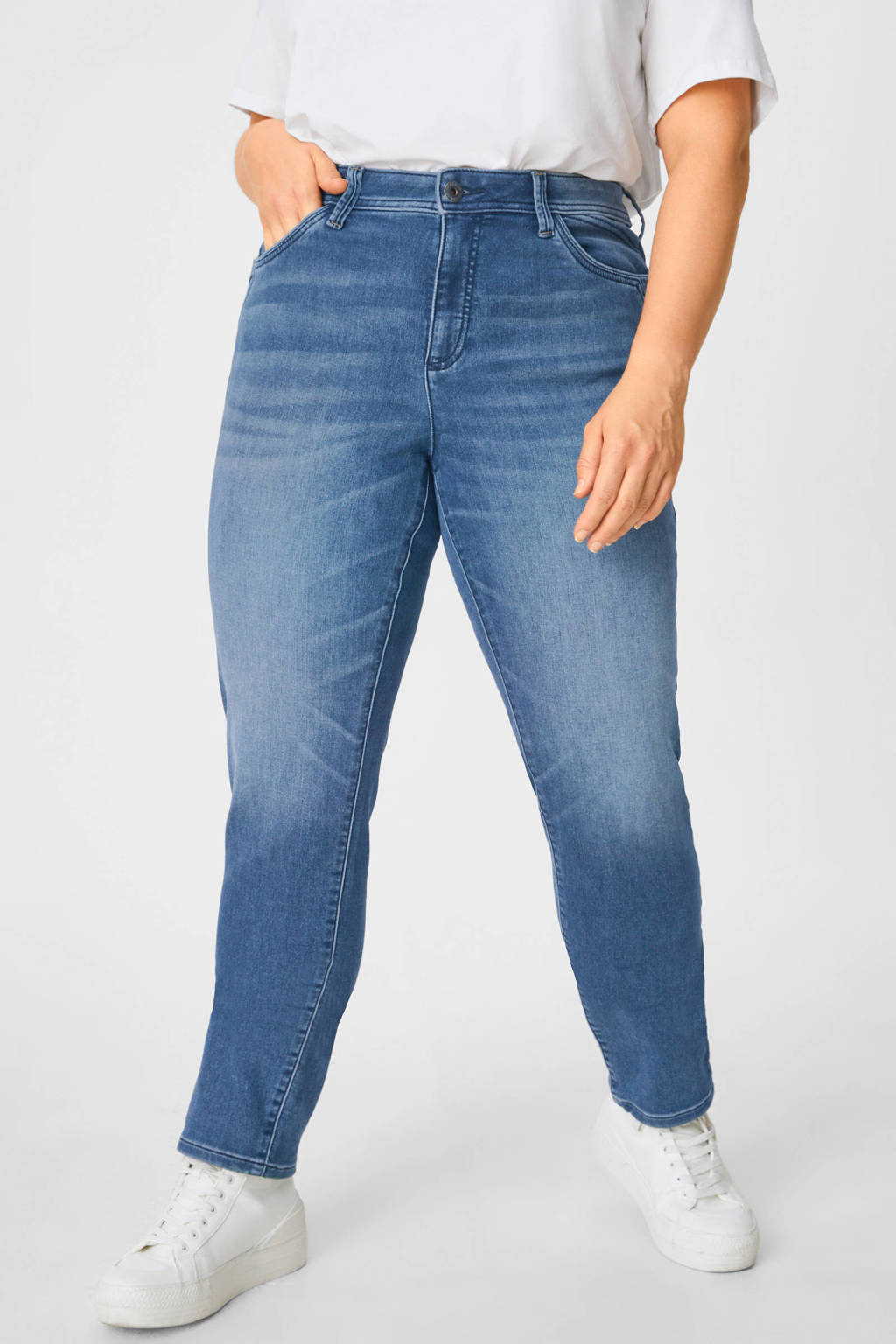 Blauwe dames C&A XL slim fit jeans van denim met vintage look en riemlussen