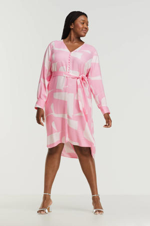 jurk SLFRANDI met all over print en ceintuur roze/gebroken wit