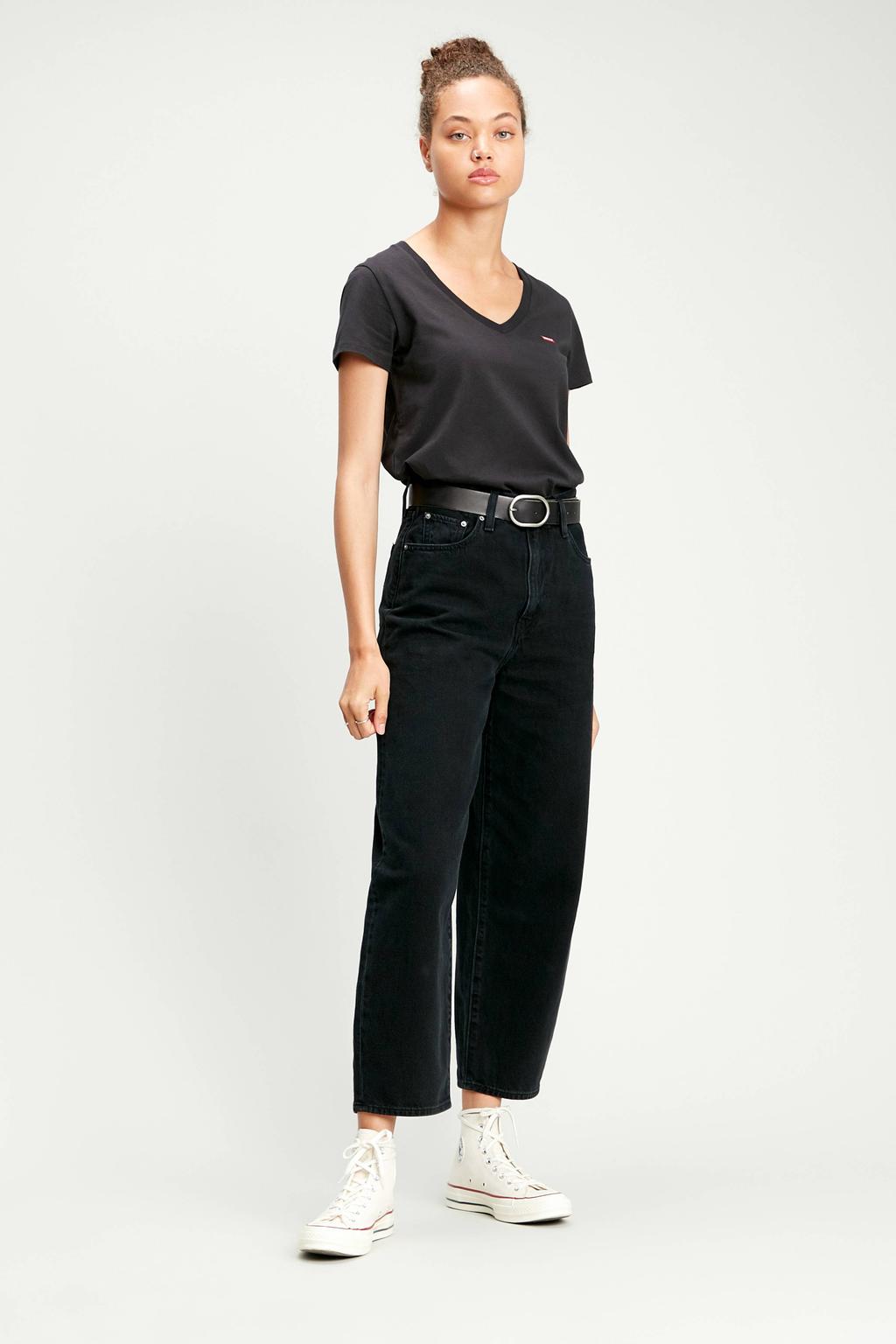 Zwarte dames Levi's T-shirt van katoen met effen, korte mouwen en V-hals