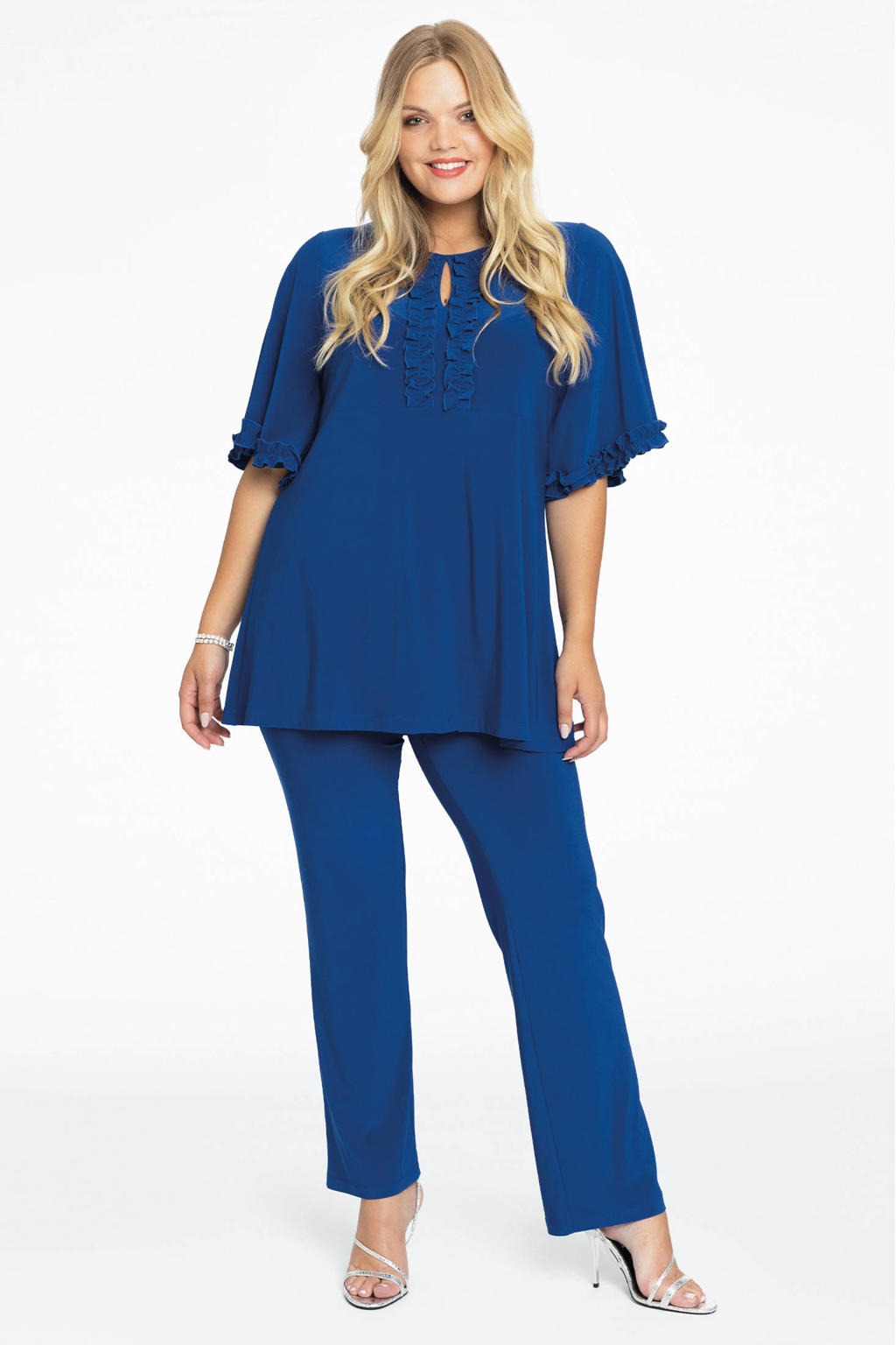 Blauwe dames Yoek tuniek van travelstof met half lange mouwen, ronde hals en open detail