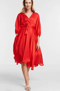 Rode dames ESPRIT Women Collection jurk van polyester met korte mouwen, V-hals, ritssluiting en ballonmouwen