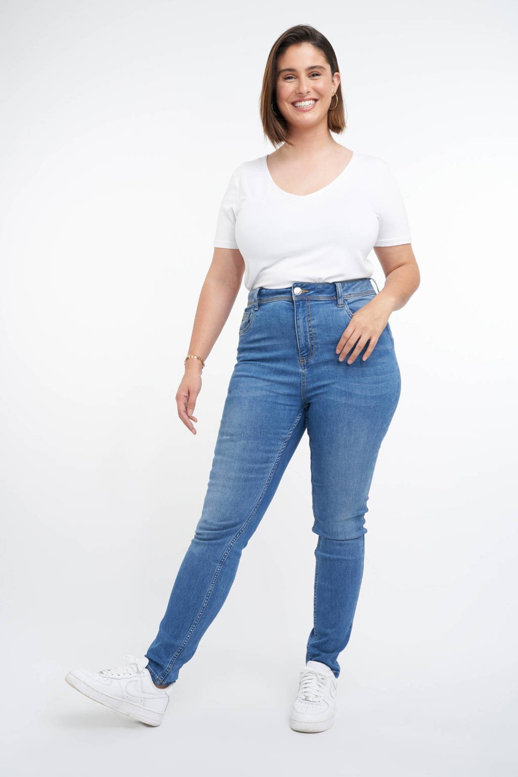 Lichtblauwe dames MS Mode high waist skinny jeans van stretchdenim met rits- en knoopsluiting