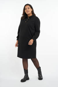 Zwarte dames MS Mode jurk van katoen met lange mouwen, polo kraag, knoopsluiting en wijde mouwen