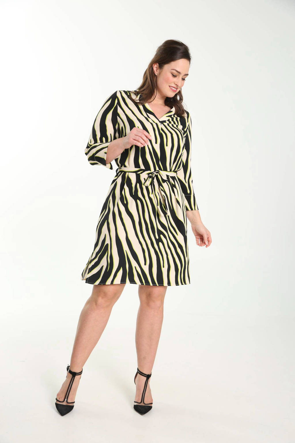 PROMISS jurk met zebraprint en ceintuur zwart/wit/geel