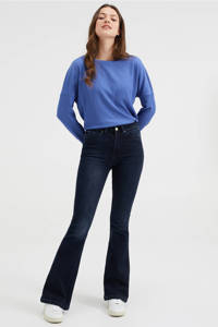 Donkerblauwe dames WE Fashion Blue Ridge high waist flared jeans van duurzaam stretchdenim met rits- en knoopsluiting
