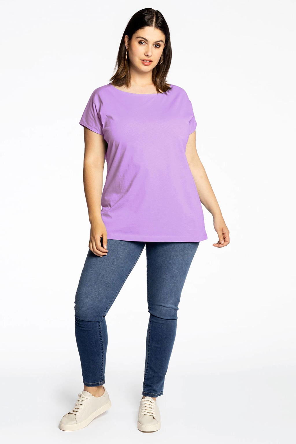 Lilakleurige dames Yoek T-shirt van katoen met korte mouwen en boothals