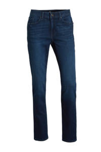 Donkerblauwe dames C&A slim fit jeans van stretchdenim met vintage look en riemlussen