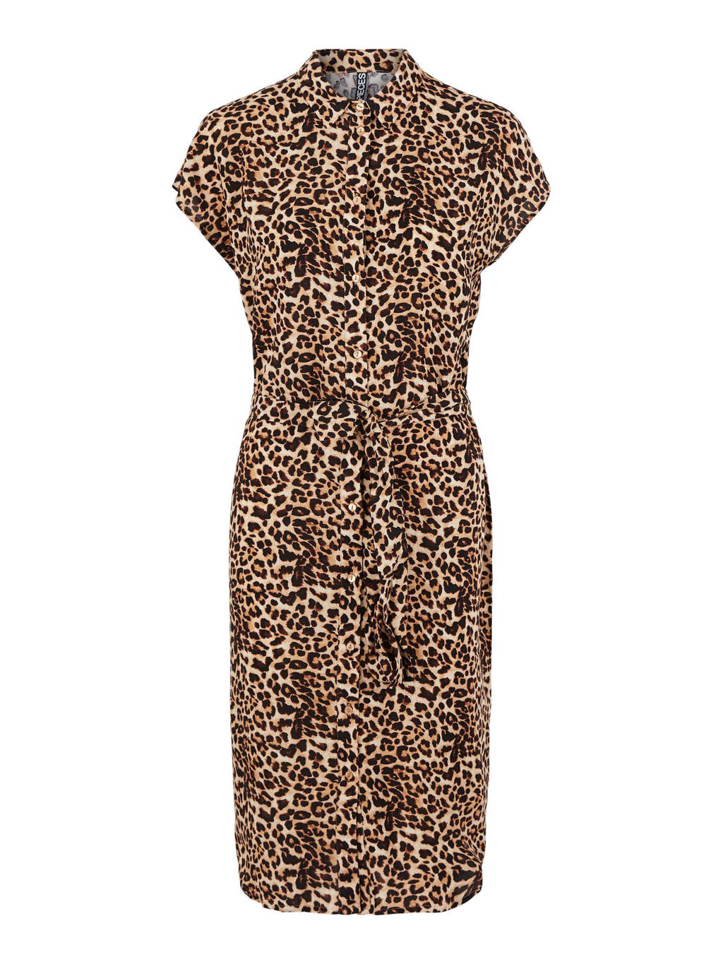 Bruin en zwarte dames PIECES blousejurk met ceintuur van viscose met dierenprint, kapmouwtjes en klassieke kraag
