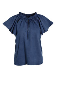 Donkerblauwe dames Summum Woman top van denim met vintage look, korte mouwen, opstaande kraag, striksluiting en kant