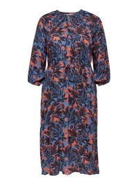 ONLY CARMAKOMA jurk CARMIRANDA  met bladprint en ceintuur blauw/oranje/donkerrood