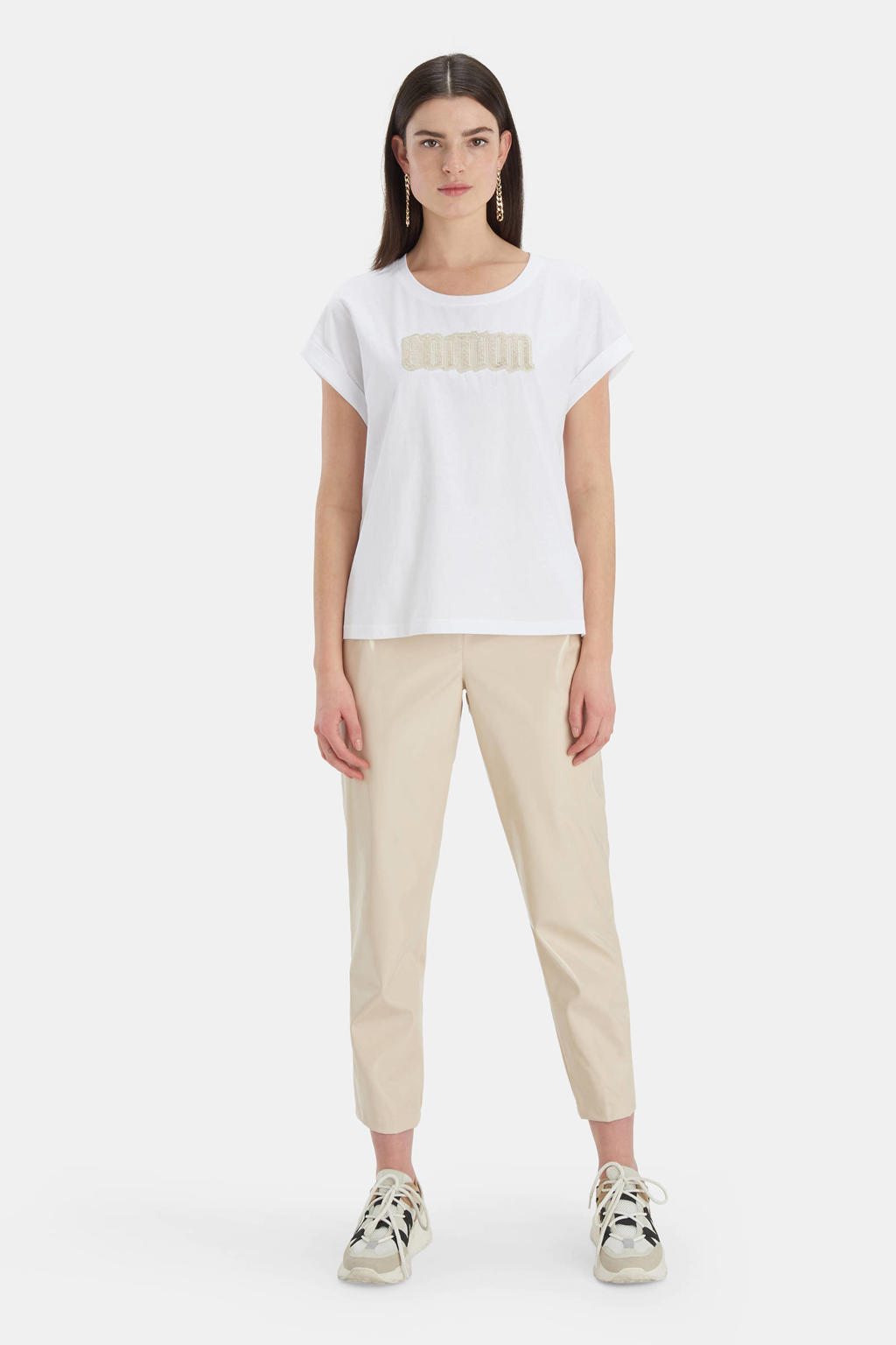 Witte dames Shoeby Eksept T-shirt Edition van katoen met korte mouwen, ronde hals en omslagdetail