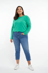 Blauwe dames MS Mode cropped slim fit jeans van stretchdenim met regular waist