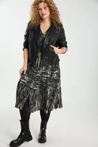 Zwarte dames Paprika A-lijn jurk met volant off-white van polyester met all over print, half lange mouwen en V-hals