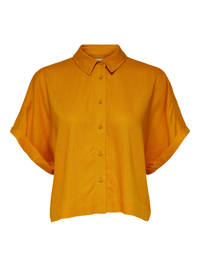Oranje dames SELECTED FEMME blouse van linnen met korte mouwen, klassieke kraag, knoopsluiting en wijde mouwen