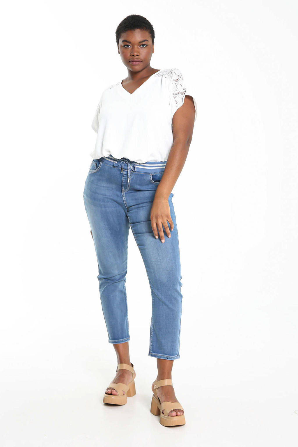 Lichtblauwe dames Paprika cropped slim fit jeans van katoen met regular waist en elastische tailleband met koord
