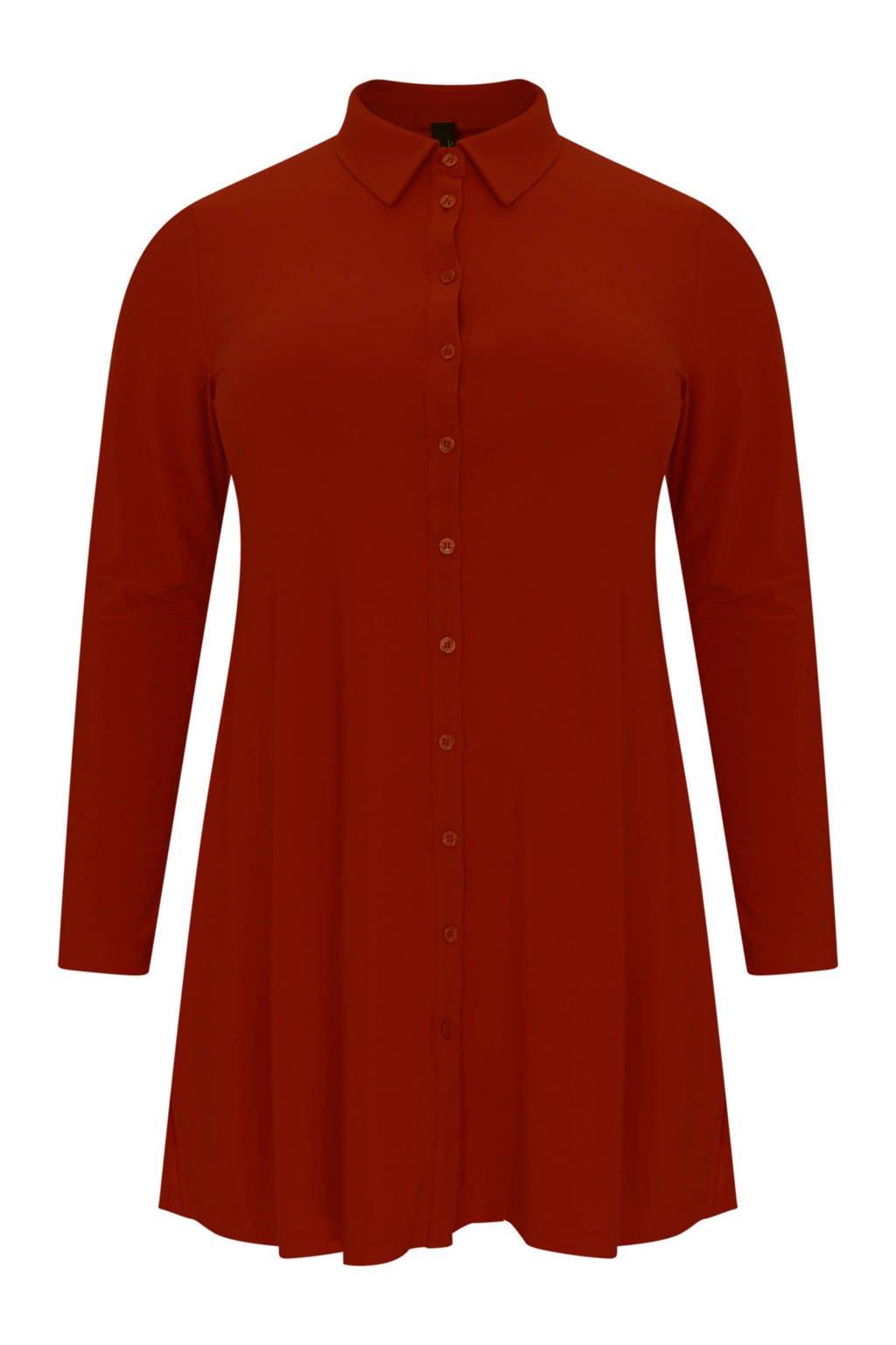 Roodbruine dames Yoek blouse van travelstof met lange mouwen, klassieke kraag, knoopsluiting en plooien