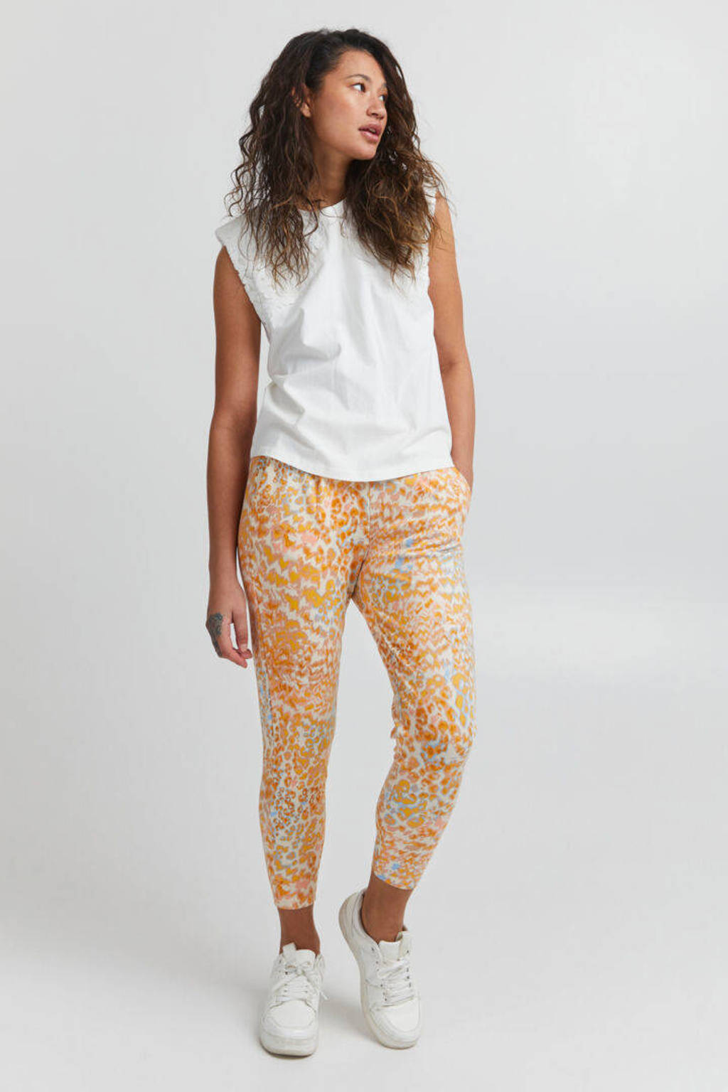 Ecru, geel en lichtblauwe dames ICHI slim fit broek van polyester met regular waist