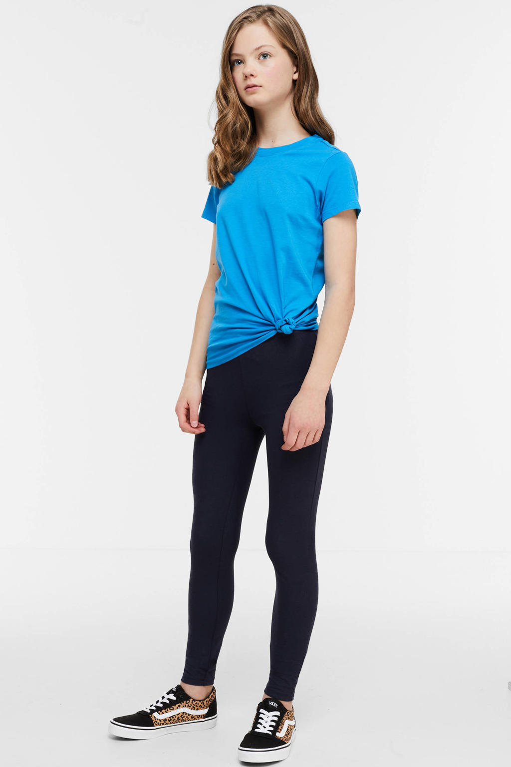 Donkerblauwe meisjes Anytime legging van stretchkatoen met elastische tailleband en effen