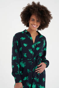 Donkerblauw en groene dames MS Mode semi-transparante blousejurk met plooien van viscose met bladprint, lange mouwen en klassieke kraag