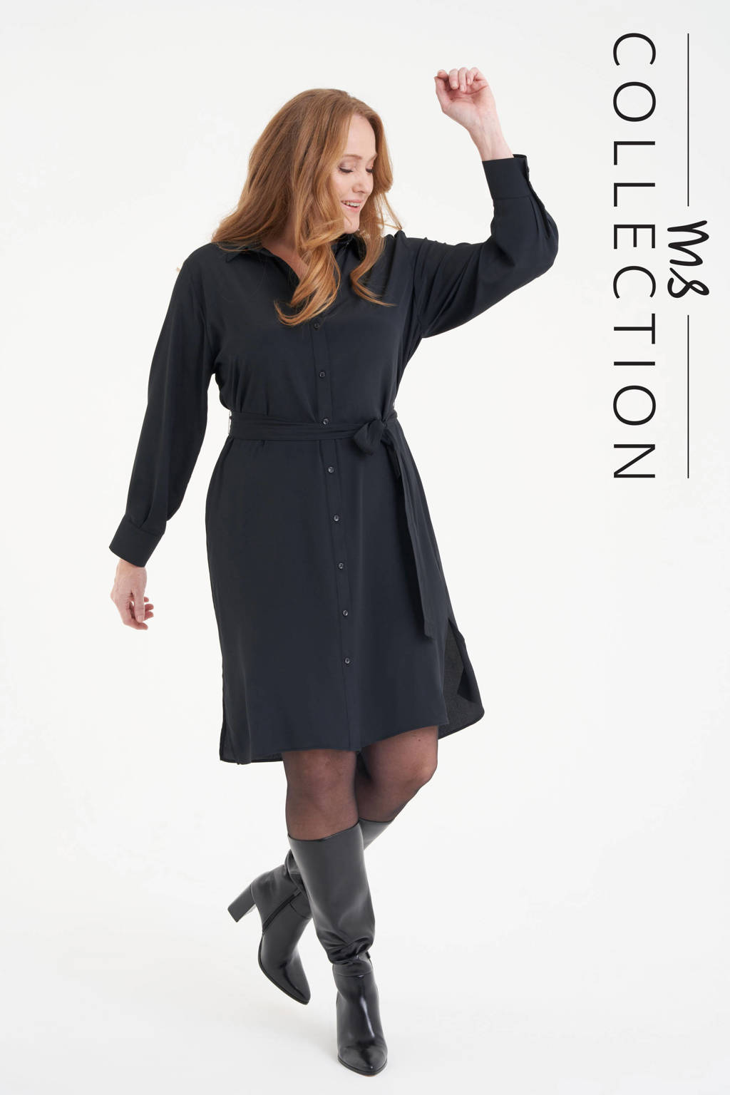 Zwarte dames MS Mode semi-transparante blousejurk van polyester met lange mouwen en klassieke kraag