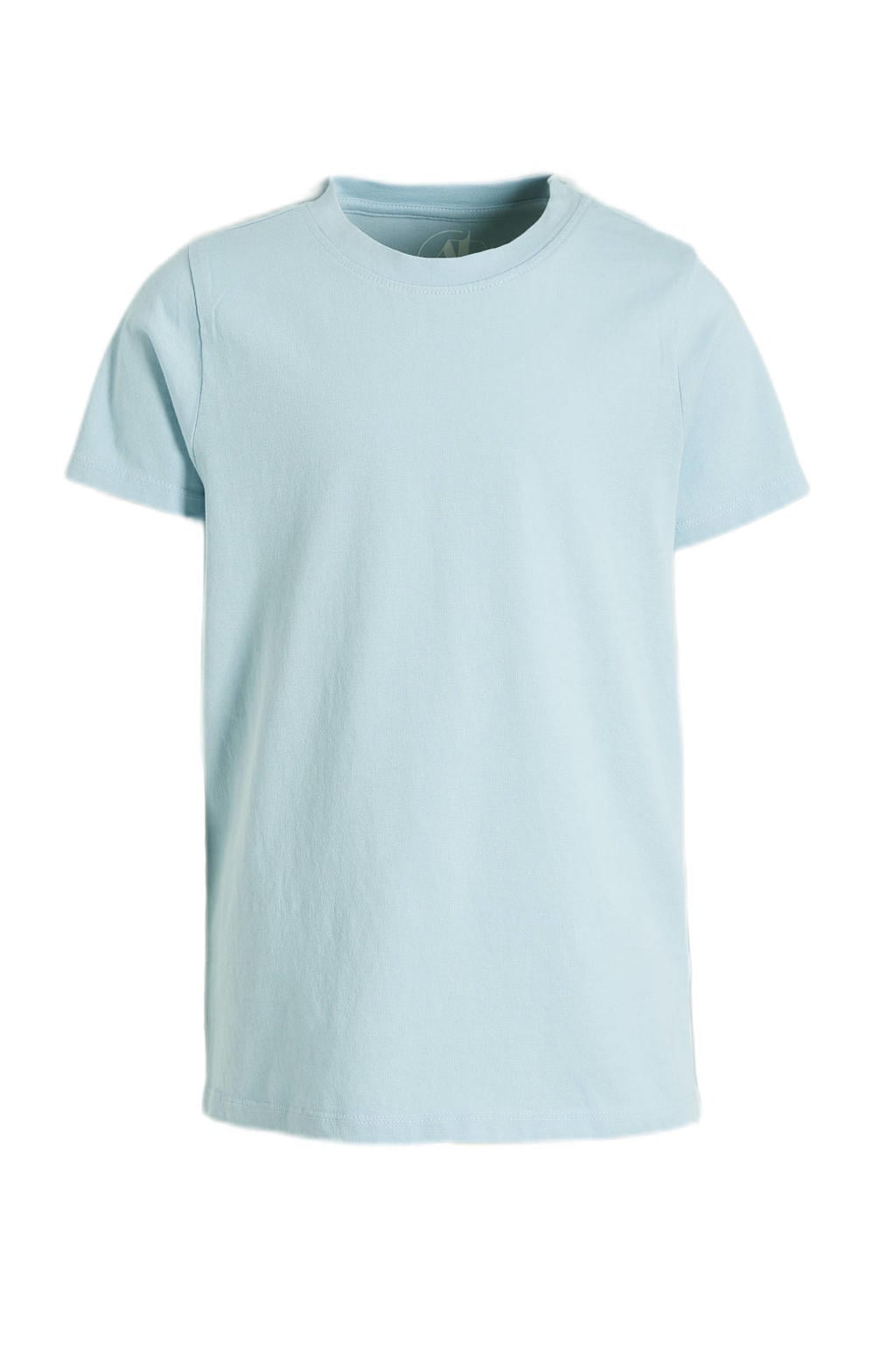 Lichtblauwe meisjes Anytime basic T-shirt van katoen met effen, korte mouwen, ronde hals en geweven detail