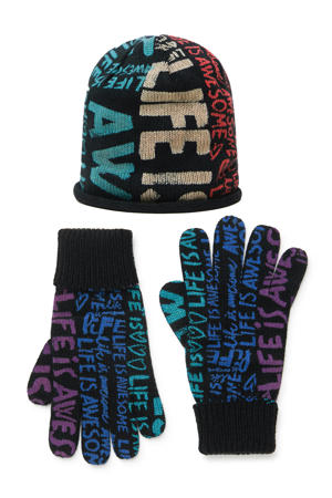 giftbox muts + handschoenen met all-over print zwart