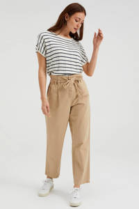 Beige dames WE Fashion cropped high waist straight fit broek van katoen met rits- en knoopsluiting