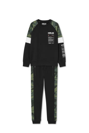 joggingbroek + sweater zwart/groen/wit