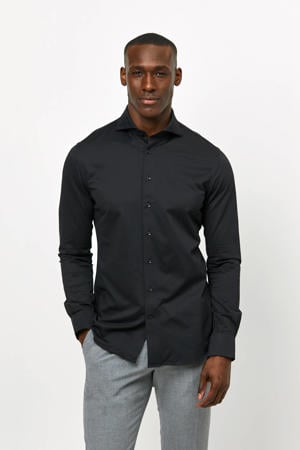 gebreid slim fit strijkvrij overhemd zwart
