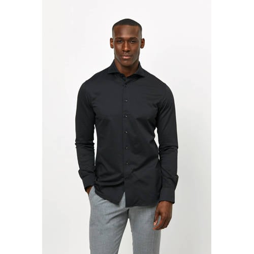 Profuomo gebreid slim fit strijkvrij overhemd zwart afbeelding