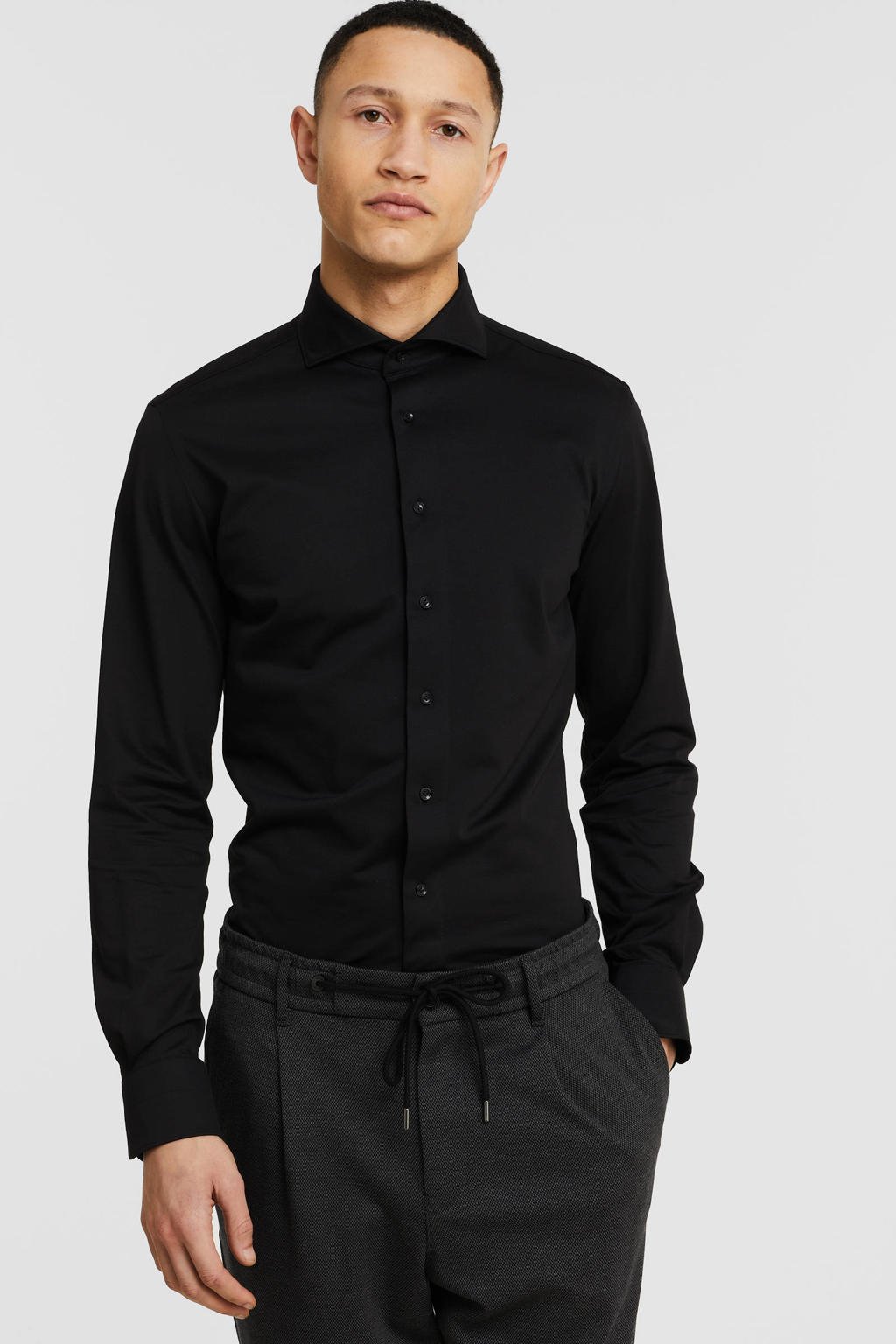 Profuomo slim fit strijkvrij overhemd zwart japanese knitted