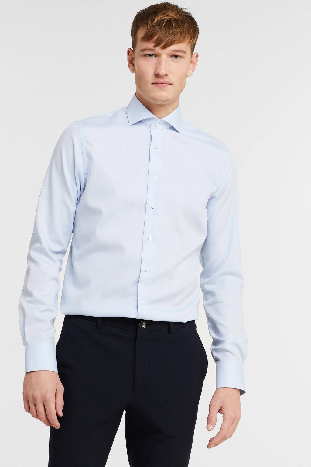 Lichtblauwe heren Profuomo slim fit strijkvrij overhemd extra lange mouw van katoen met effen, extra lange mouwen en widespread hals