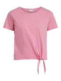Roze dames VILA T-shirt van katoen met korte mouwen, ronde hals en knoopdetail