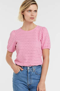 Roze dames VILA top detail van polyester met half lange mouwen, ronde hals en ballonmouwen