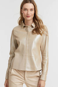 Bruine dames Studio AR by ARMA blouse van leer met lange mouwen, klassieke kraag en knoopsluiting
