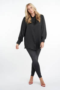 Zwarte dames MS Mode geweven blouse van polyester met lange mouwen, klassieke kraag en knoopsluiting