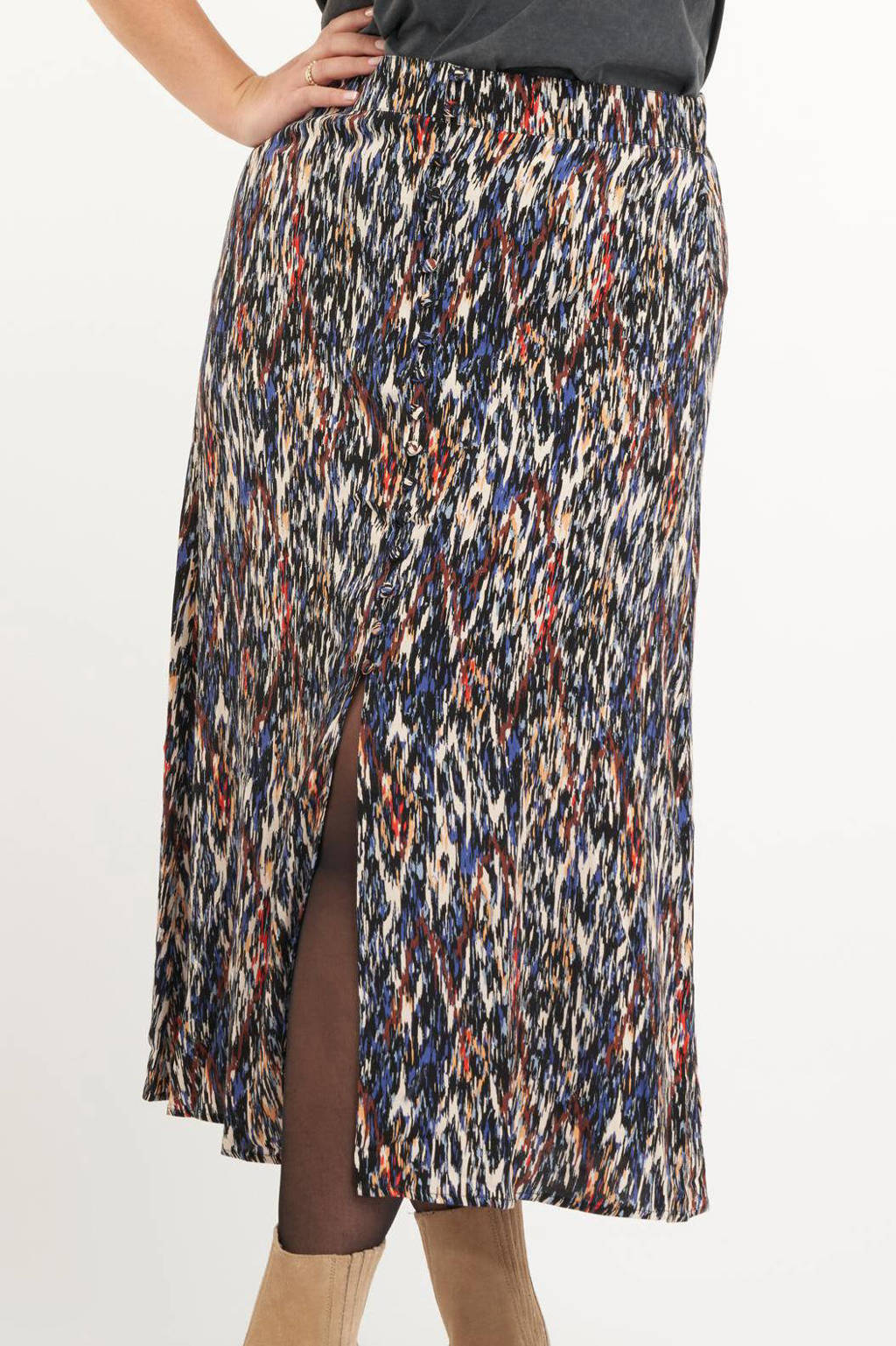 Multikleurige dames MS Mode midi rok met all over print gemaakt van viscose en met elastische tailleband