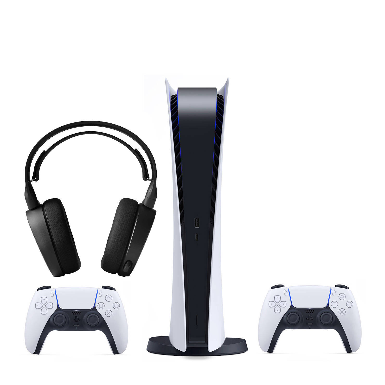 Sony PlayStation 5 Bundel: PS5 Digital Edition + 2 witte controllers +  Steelseries Arctis 3 headset | wehkamp